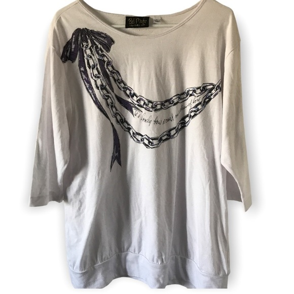 Bob Mackie white 3/4 sleeve ribbon and chain design top (T1) - Picture 1 of 5